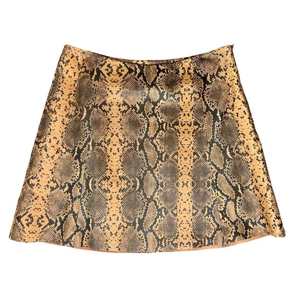 Veda Camel Brown Black Python Snake Print Genuine Leather Mini Skirt size M - Picture 2 of 8